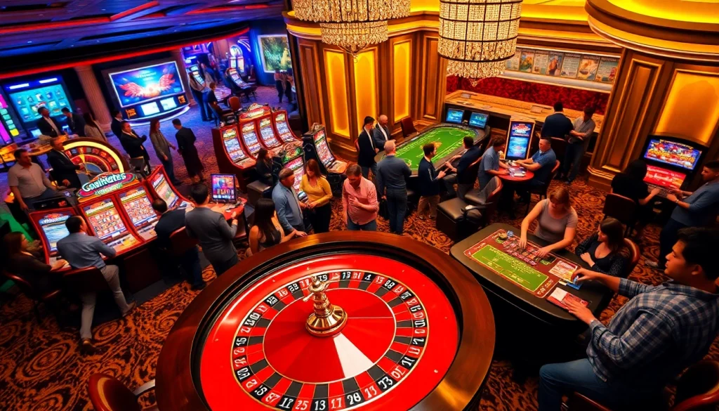 Exciting casino scene showcasing RR88 with roulette and slot games, evoking thrills of online gambling.