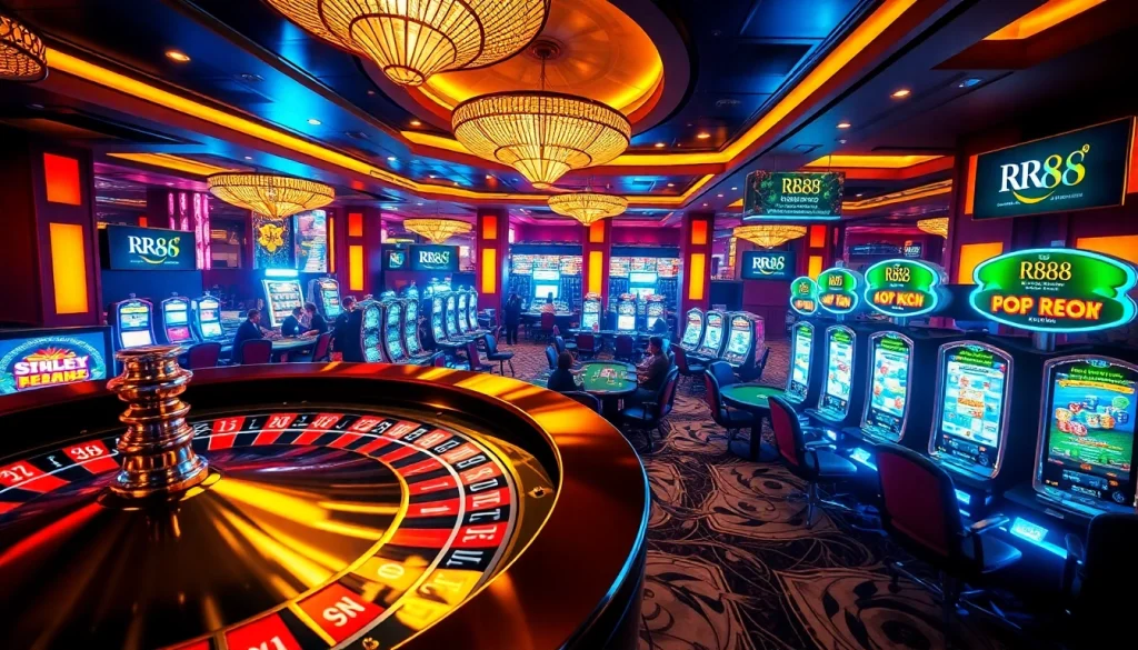 RR88 casino scene showcasing players engaging with roulette, poker, and vibrant slot machines for an immersive experience.